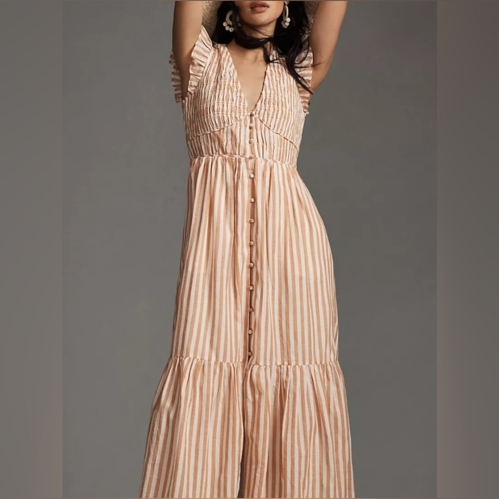 Anthropologie Peach & Cream Striped Button-Down Maxi Dress